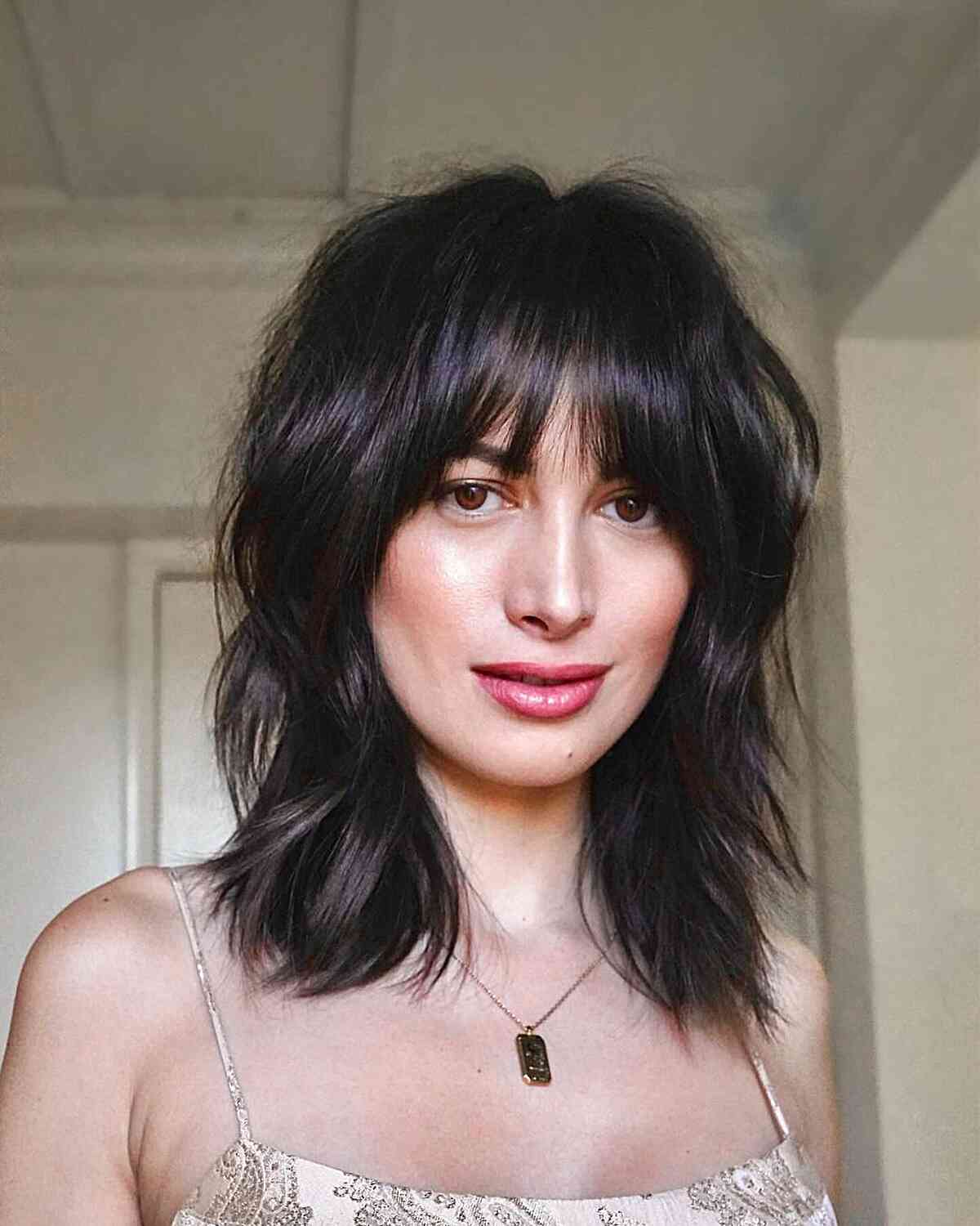 Dark Brown Collarbone-Length Shag with Fringe