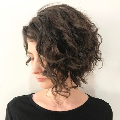 Brunette Curly Angled Bob