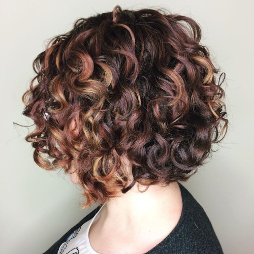 Curly Burgundy Bob With Caramel Highligths