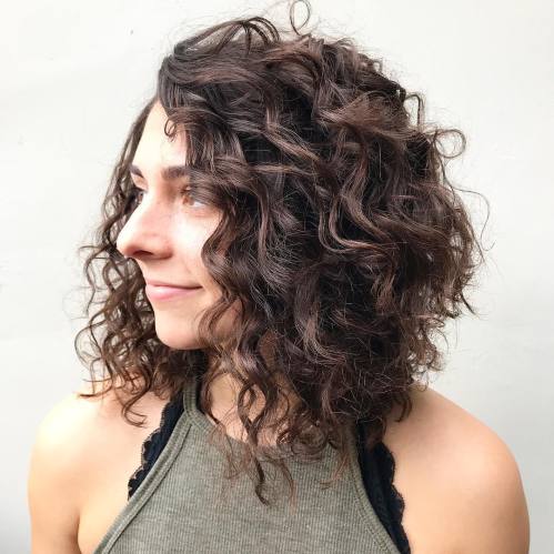 Chocolate Brown Curly Angled Bob