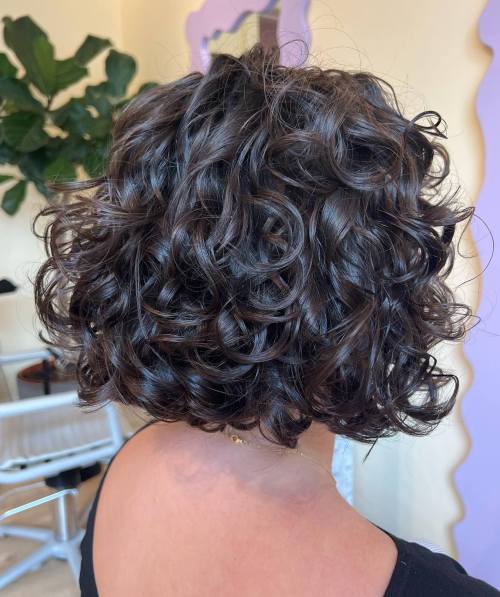 Shiny Black Brown Curly Bob