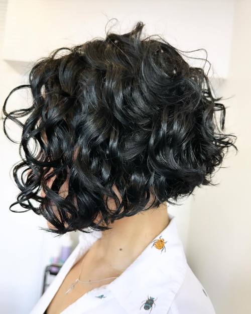 Glossy Black Inverted Bob for Messy Curls