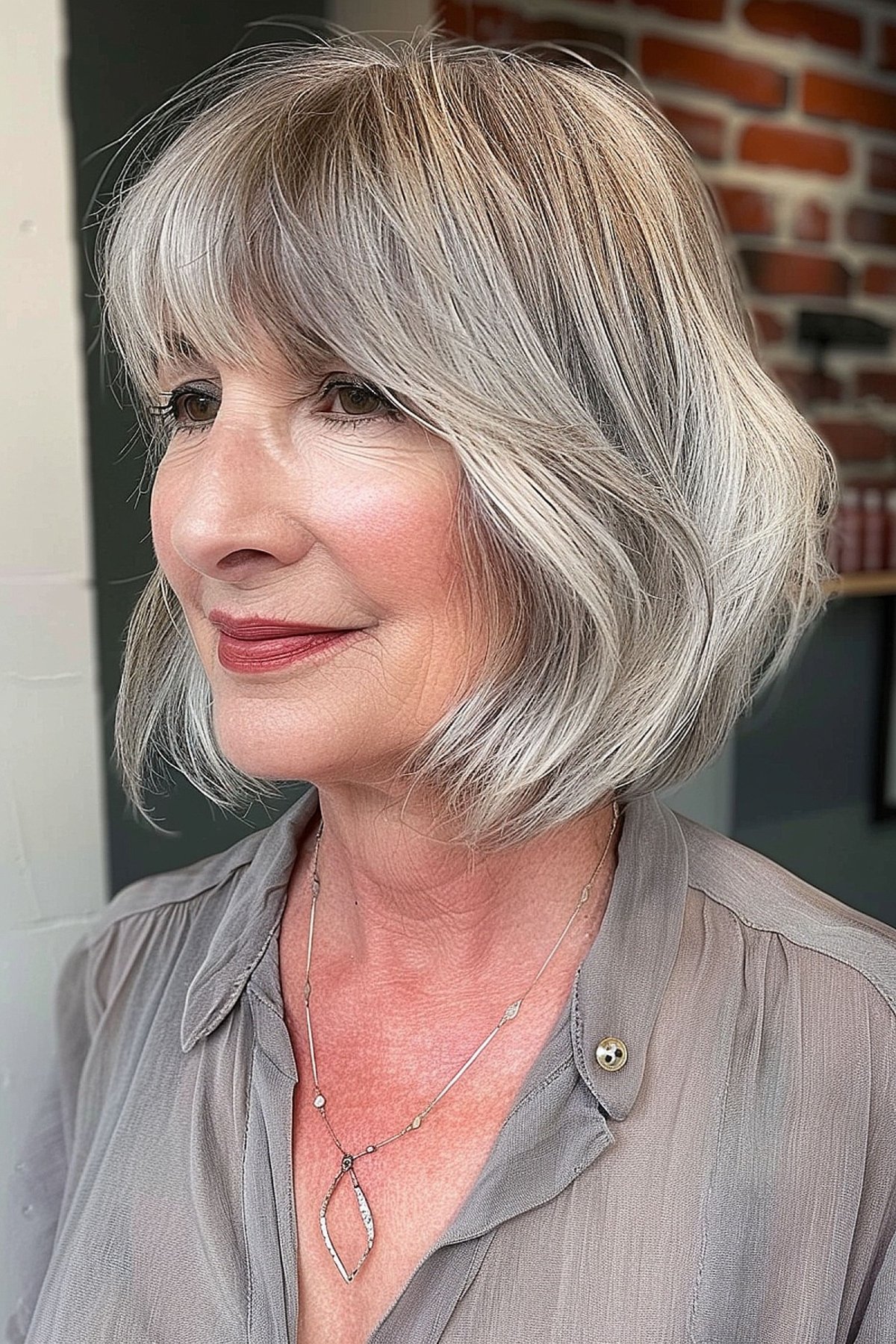 Angled Bob for Grey Hair with Full Bangs