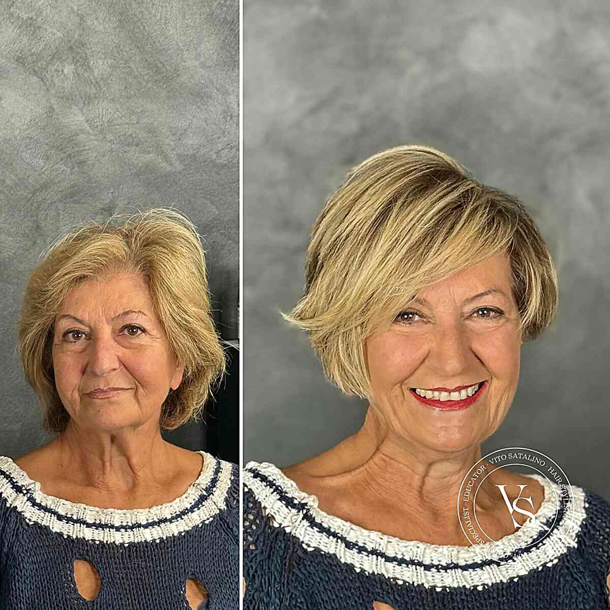 Sweeping Fringe on a Short Blonde Bob Cut for Women Aged 60