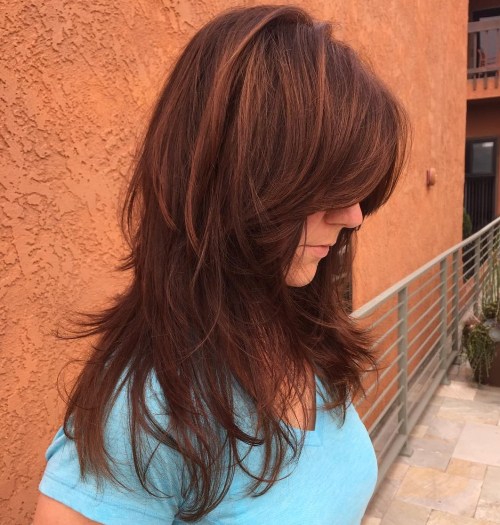 Layered Brown Hair With Copper Balayage