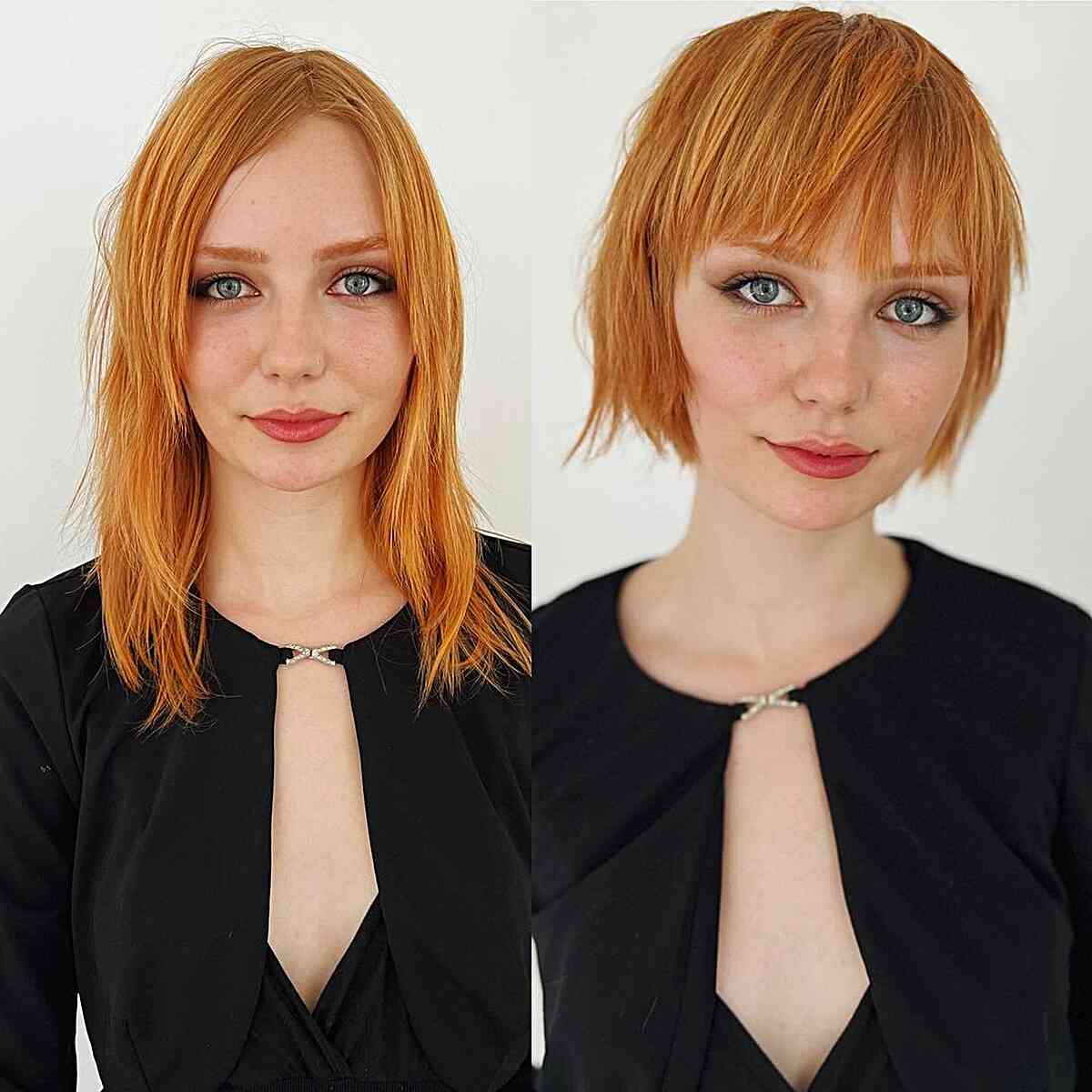 Jaw-Length Razored Choppy Bob with a Fringe on Thin, Copper Hair