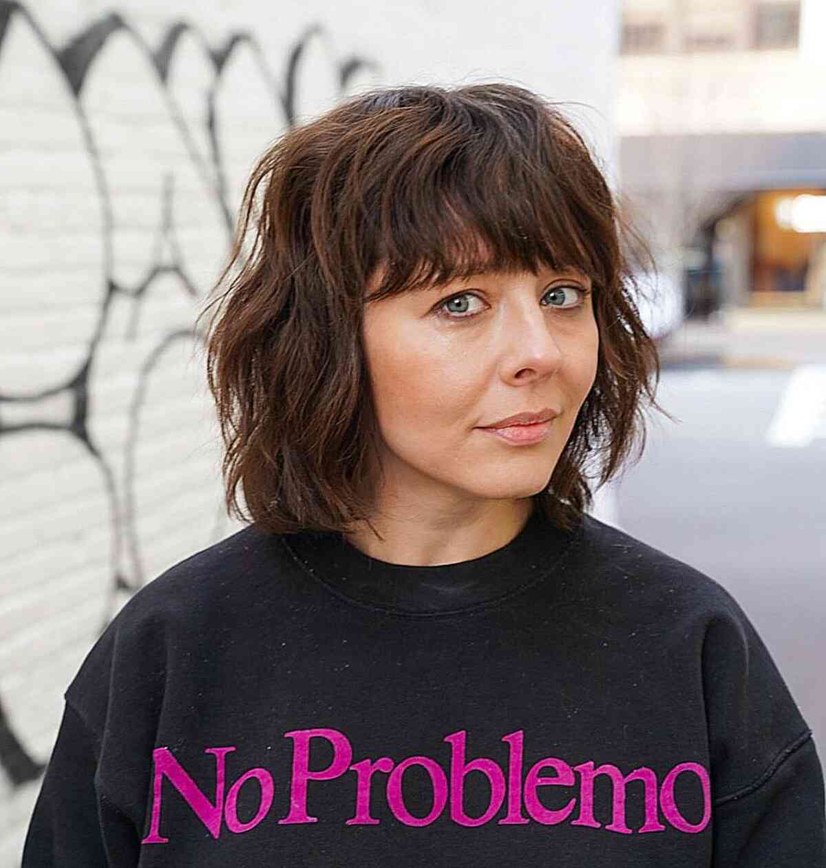 Natural Waves for Short Shagged Bob with Bangs on Diamond-Shaped Faces