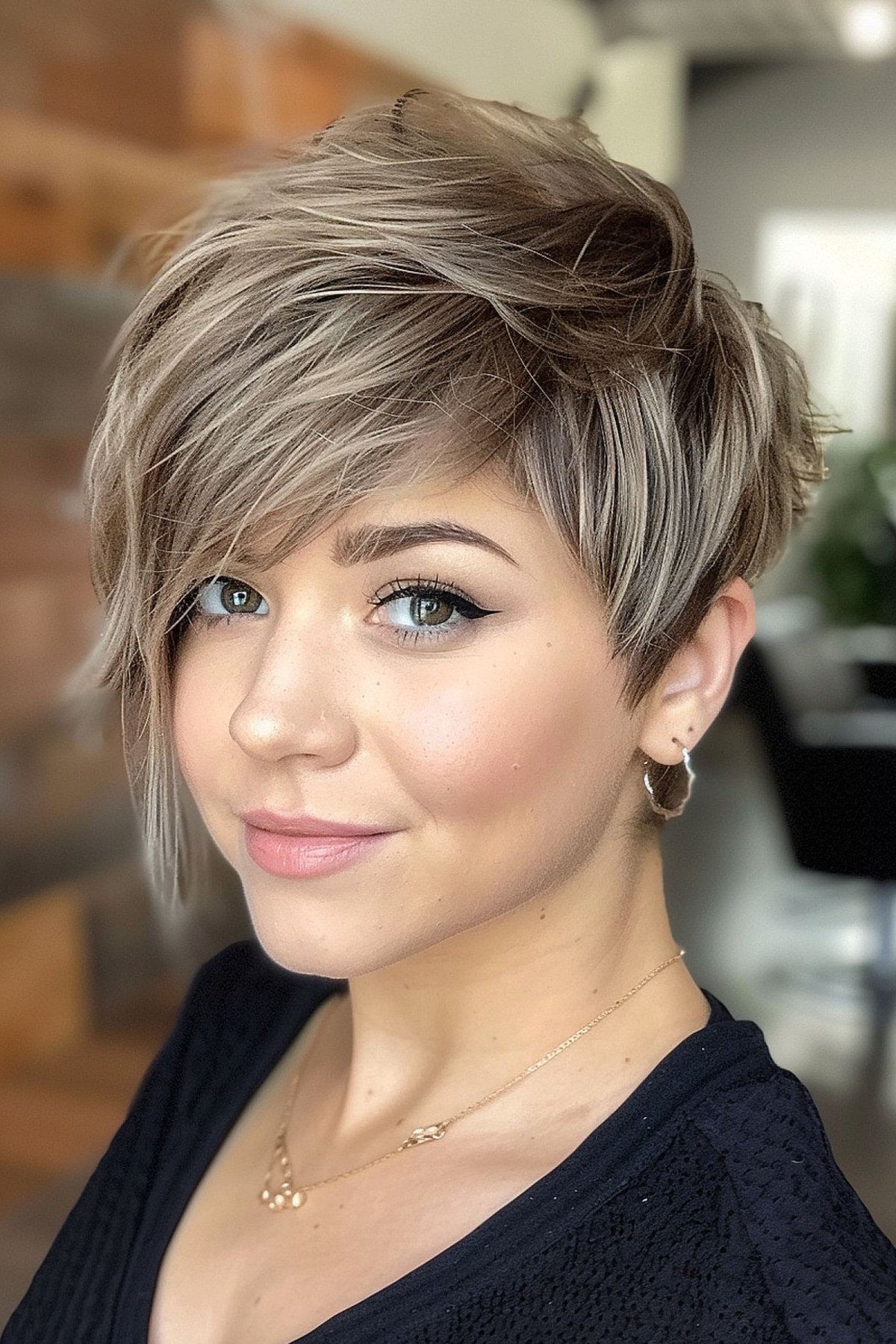 short layered hair cut with long side bangs