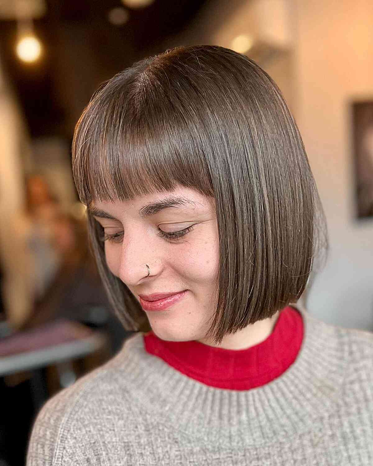 Short Square Bob and Light Bangs on Brunette, Fine Hair with Sleek Style